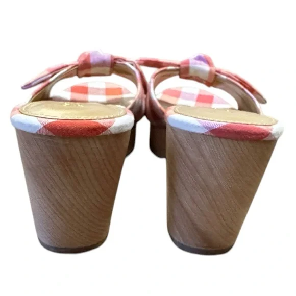J.CREW pink plaid gingham bow open toe slip on wooden sole chunky heel sz 9 NWOT - Picture 4 of 8